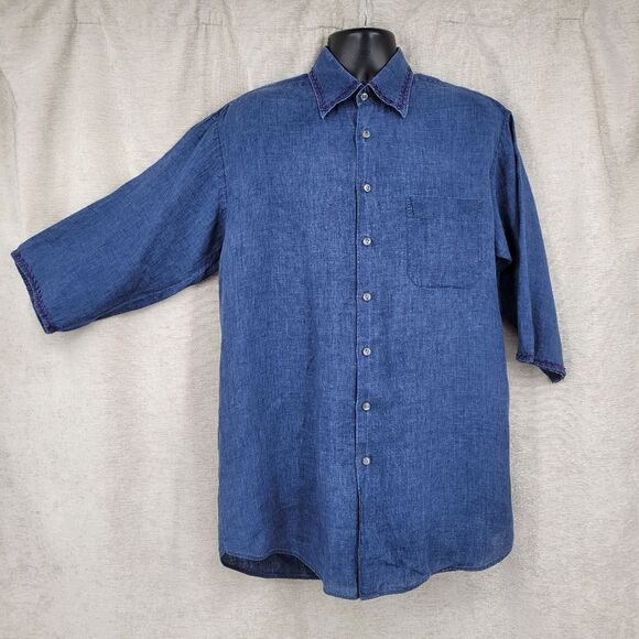 Scott Barber Vintage Men's Blue Linen Shirt with RicRac Trim - Picture 1 of 8